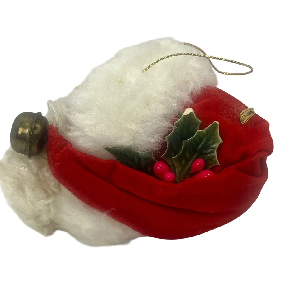VTG Santa Claus Resin Christmas‎ Ornament Beard Flocked Hat Bell Glasses Read